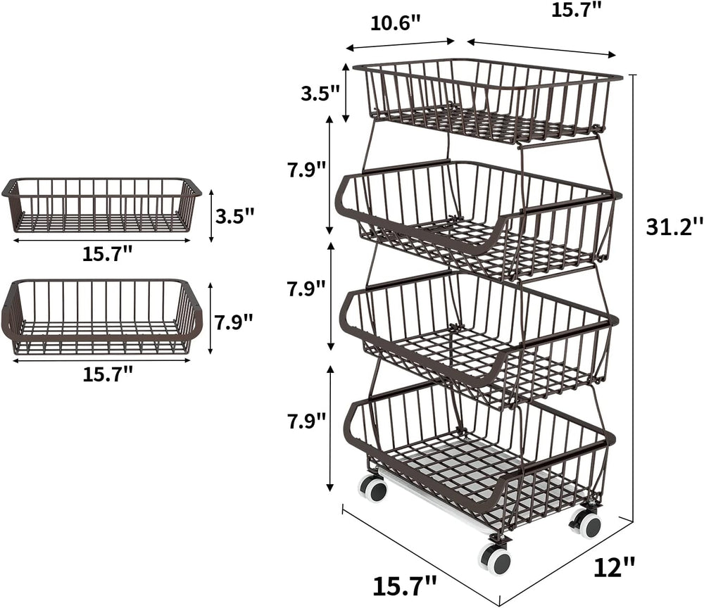 Fruit Vegetable Storage Basket for Kitchen - 4 Tier Stackable Metal Wire Bask...