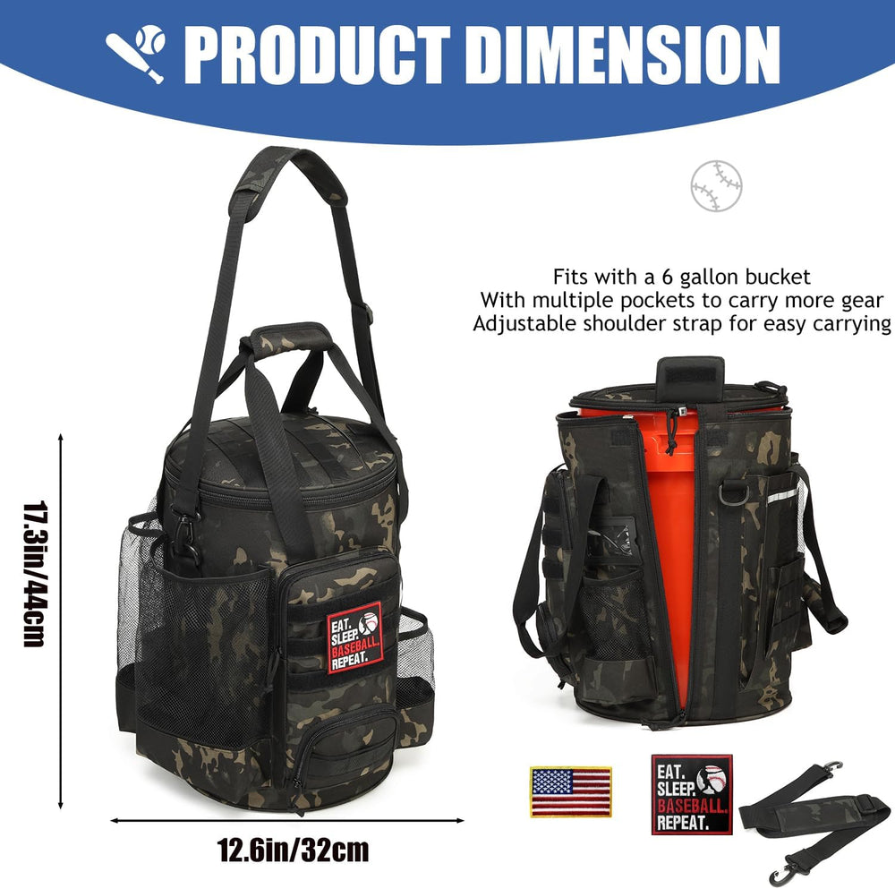 Baseball Bucket Bag 6 Gallon Multi Pockets Softball Coaching Equipment Bag