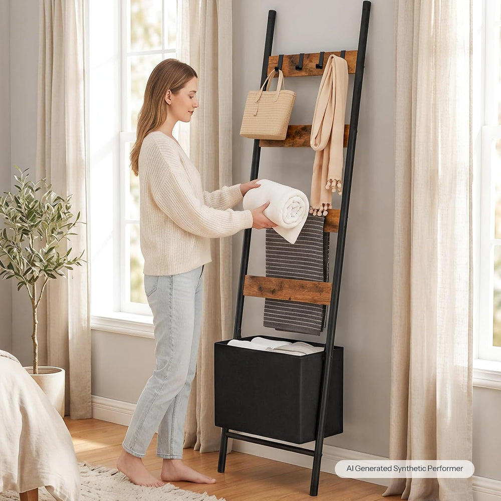 HOOBRO Blanket Ladder with Basket, 17.3" L x 74" H, Towel Rack with...