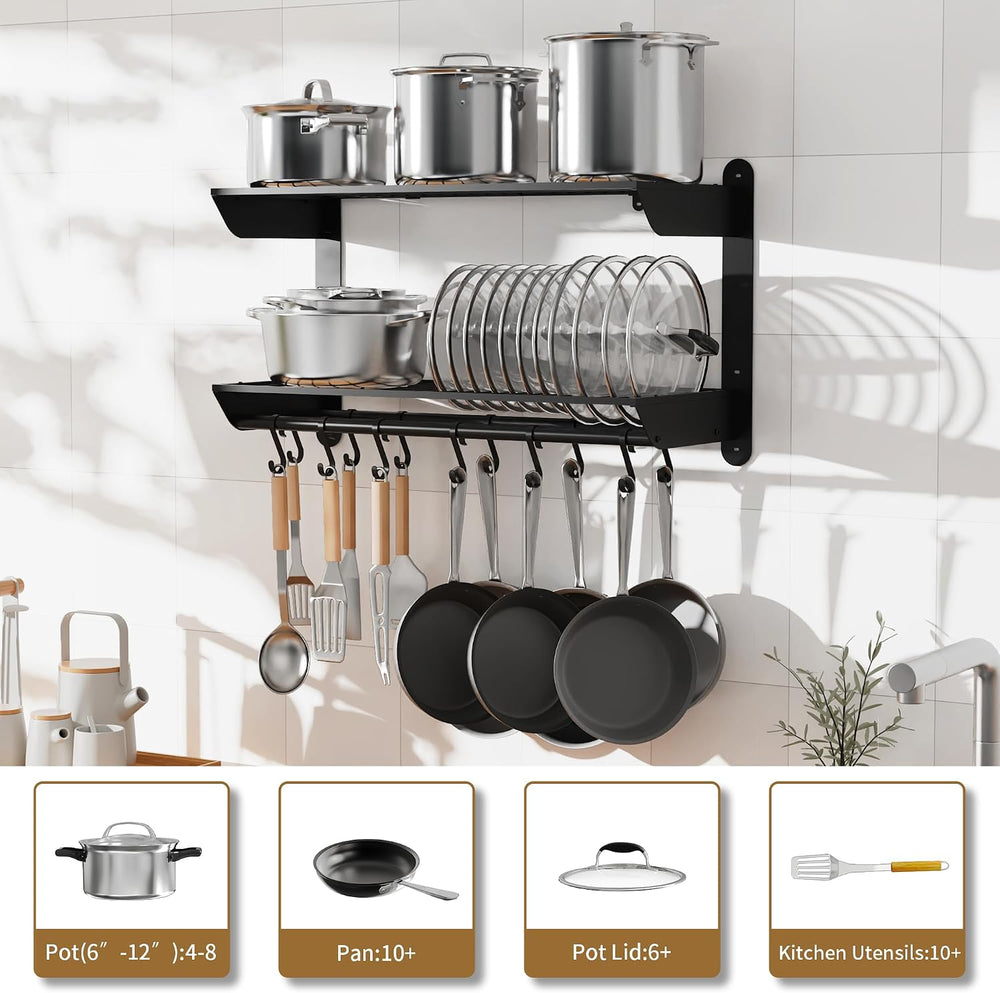 YIGII Wall Mounted Pot Rack 30 Inch, 2-Tier Kitchen Storage Shelf