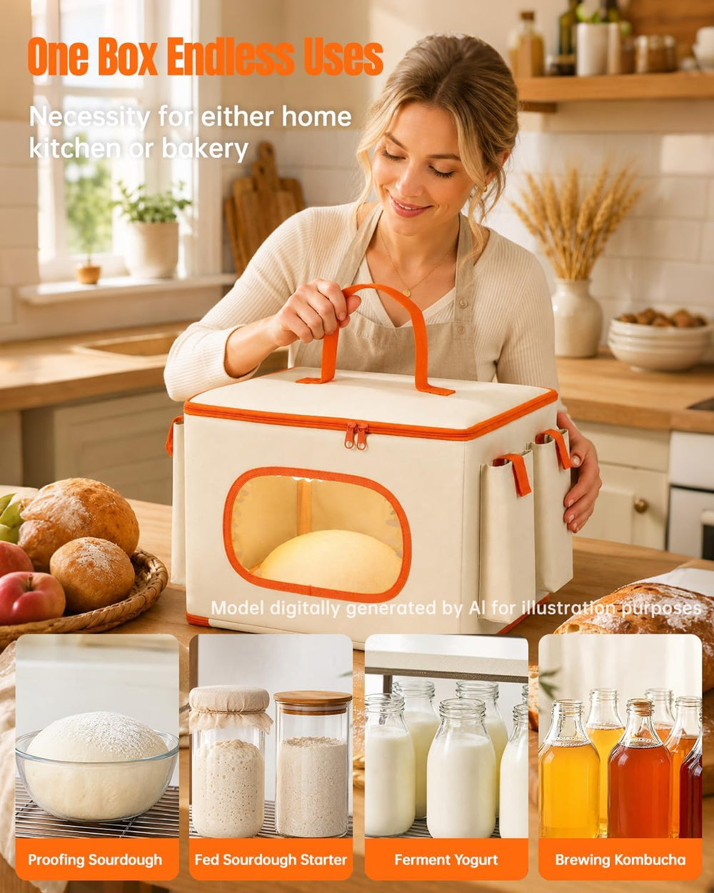 Foldable Bread Proofing Box with Temp Control, 3 Side Pockets &Front Window