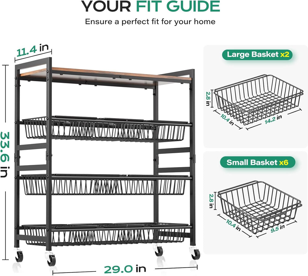 4-Tier Utility Kitchen Cart with Wood Top, 29" W Kitchen Storage Cart wi...