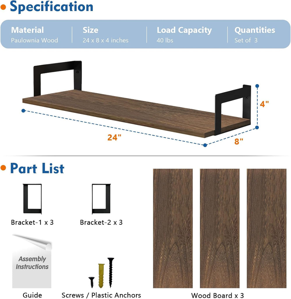 Harwaya Floating Book Shelves for Wall 3-Pack, 24 Inch Long Wall Mount Booksh...