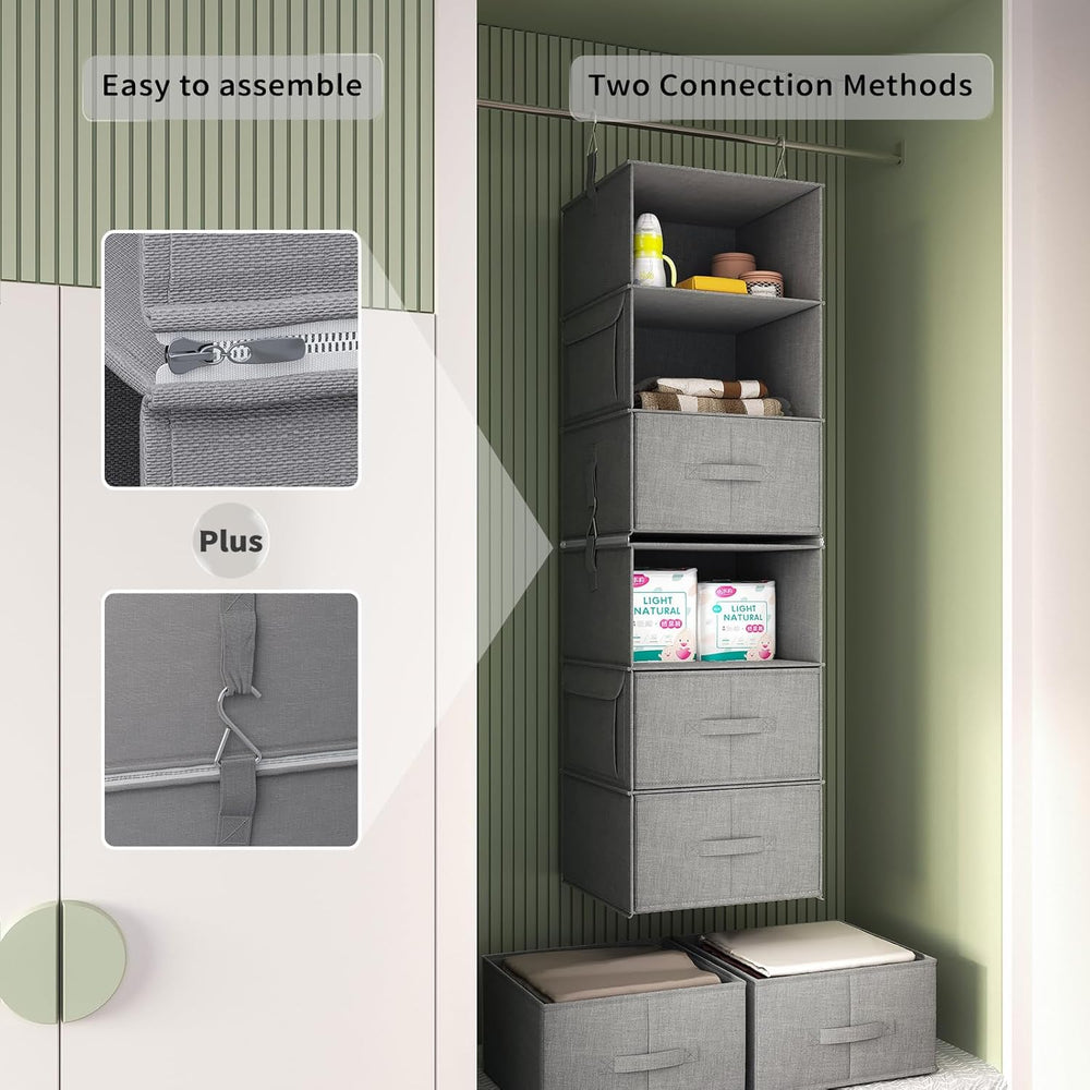6-Shelf Hanging Closet Organizer with 3 Drawers, Separable, Medium Gray