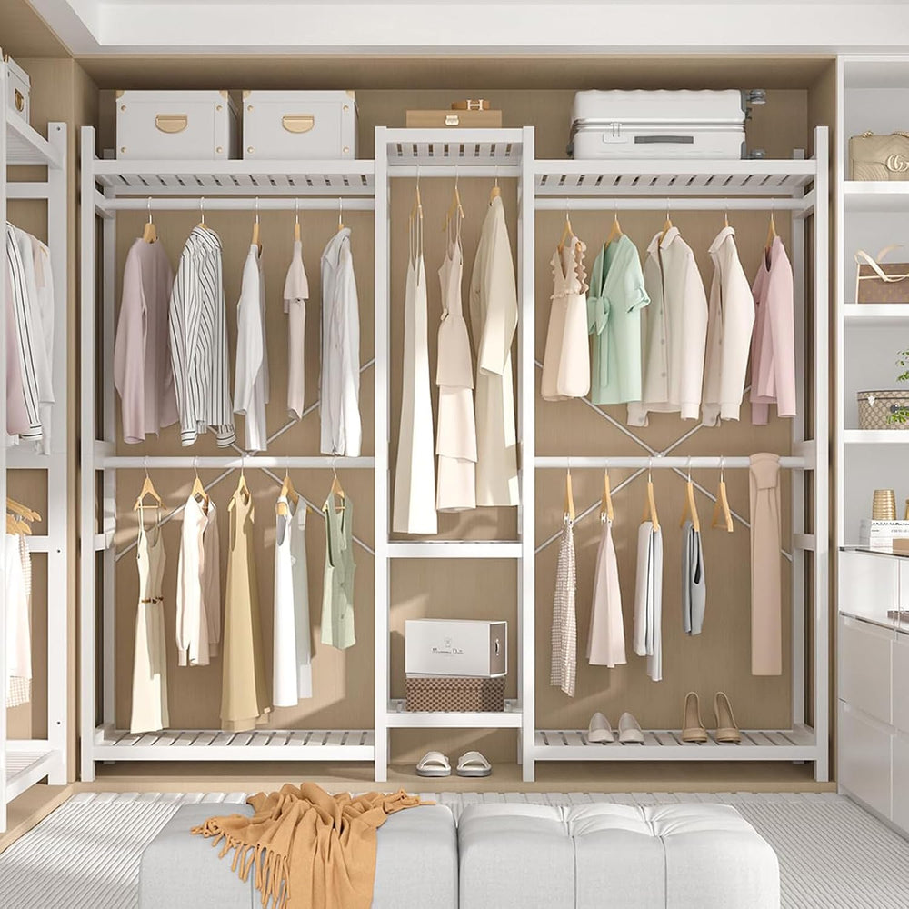 Homykic Bamboo Clothing Rack with Shelves, 70” Wide Closet System, 78.8”H
