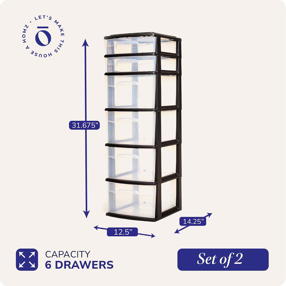 HOMZ 6 Drawer Storage Cart, Large Plastic Container, Black Frame, 2 Pack