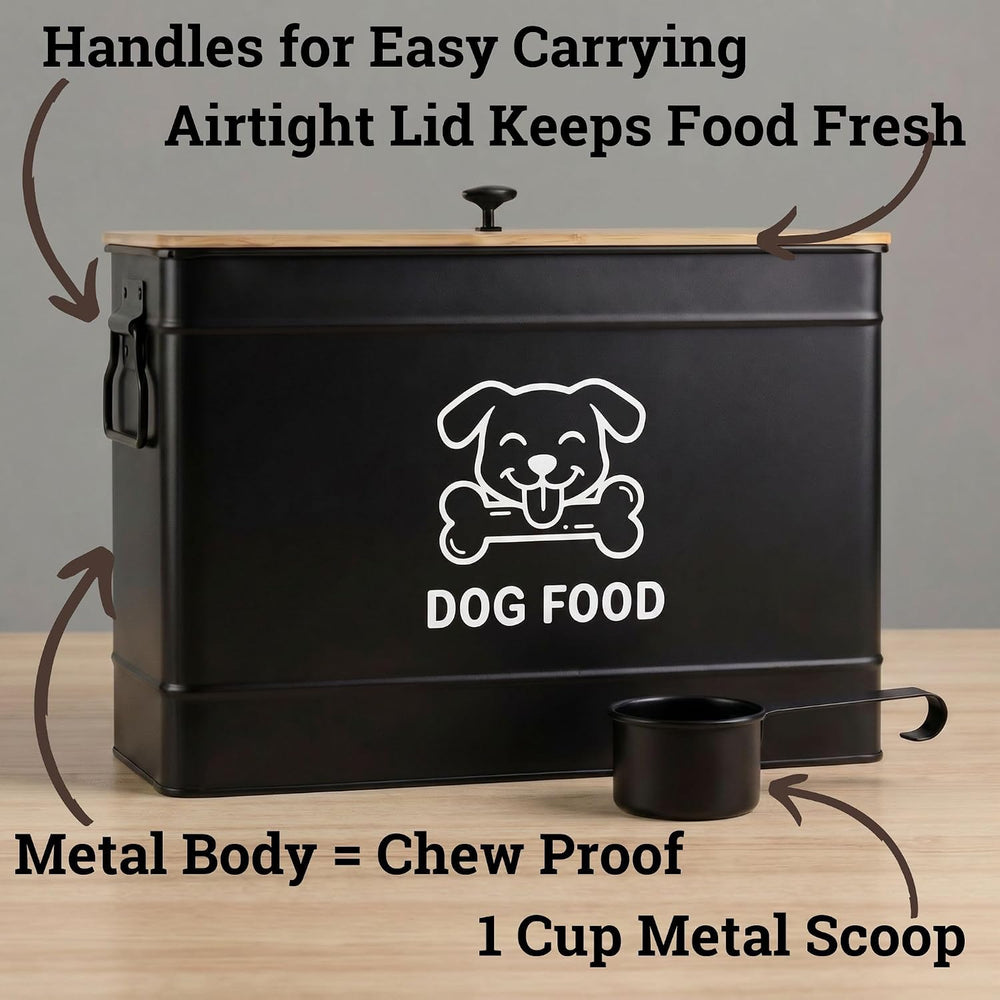 Metal Dog Food Container 15-20 lbs w/ Airtight Bamboo Lid, 70 Cup Capacity