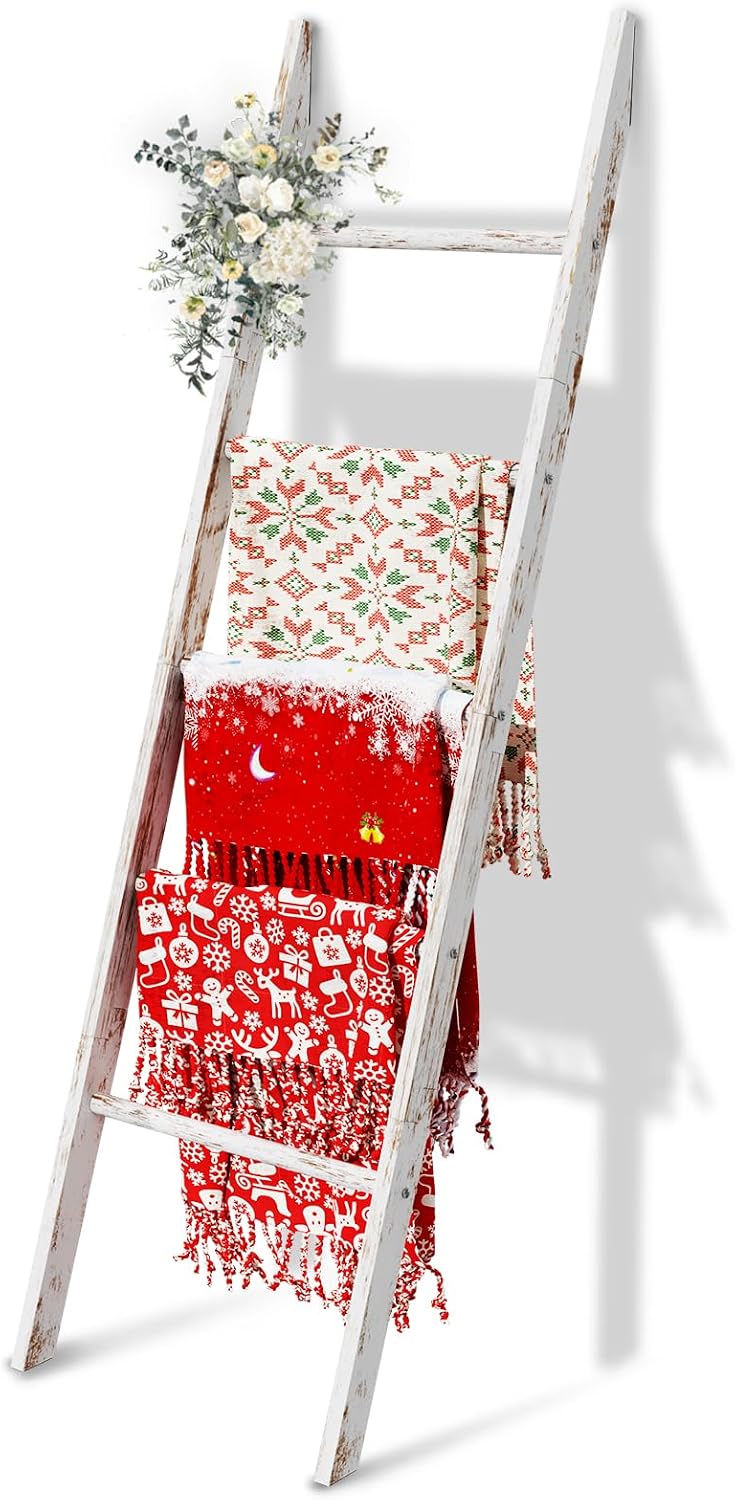 5-Tier Blanket Ladder Wooden, 5.3FT(63'') Blanket Quilt Holder Rack D...