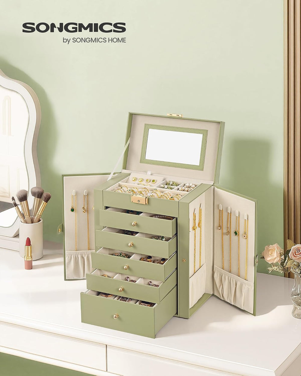 SONGMICS 6-Layer Jewelry Box Organizer with 5 Drawers, Lock and Mirror