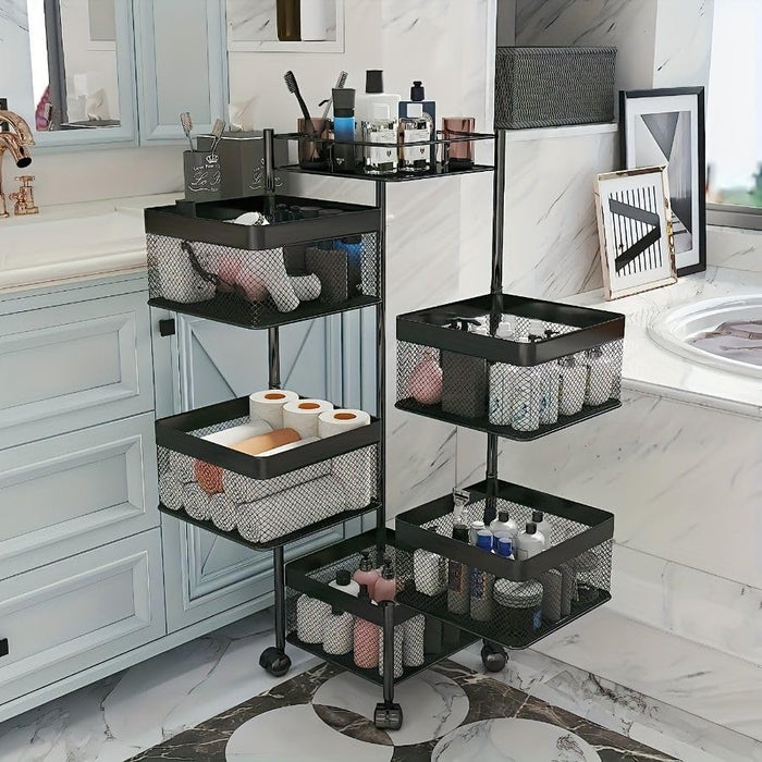 5-Tier Rotating Kitchen Storage Shelf Metal Multi-Layer Vegetable Fruit Basket Organizer with Wheels Square Floor-Standing Rack for Pantry Bathroom Living Room (Black)