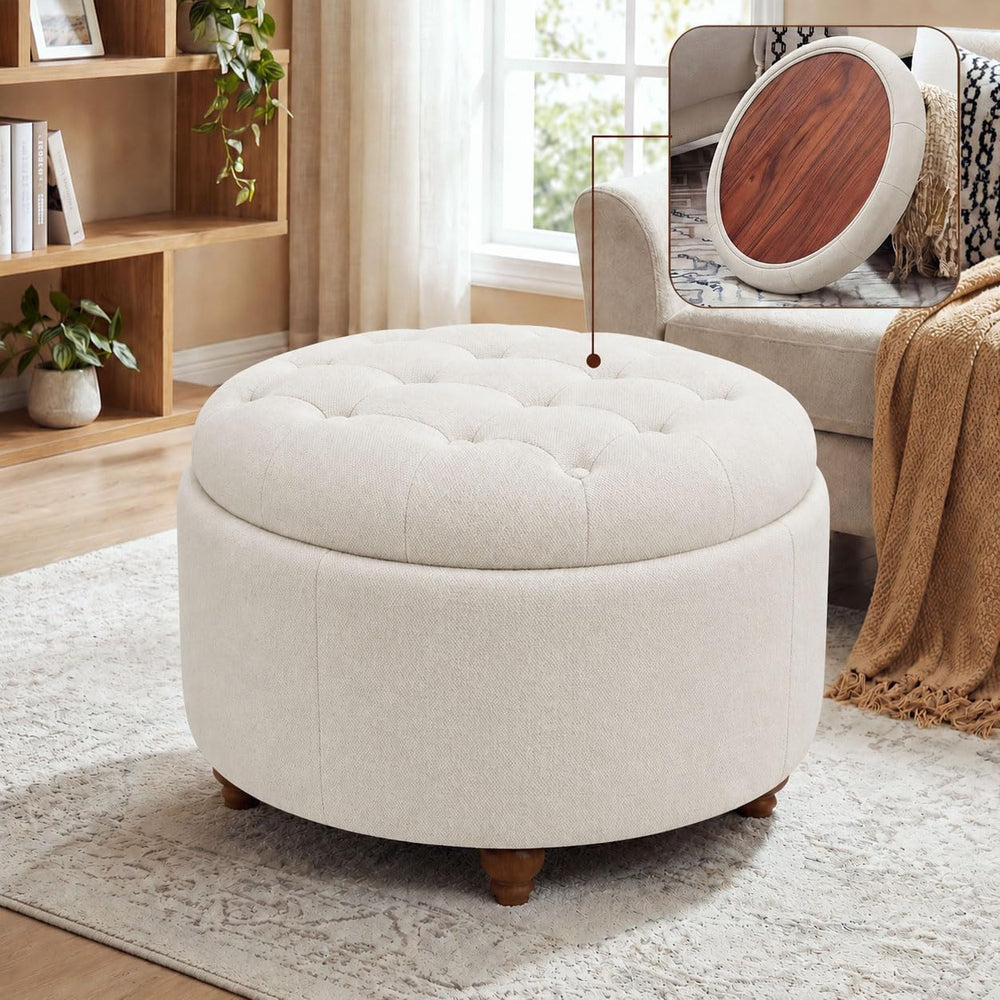 25" Round Ottoman with Storage, Small Coffee Table with Reversible Tray Lid