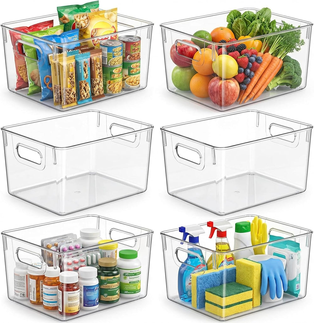 MOONEDGE 6 Pack Clear Organizer Bins 11x8x6in Pantry Organizers and Storage