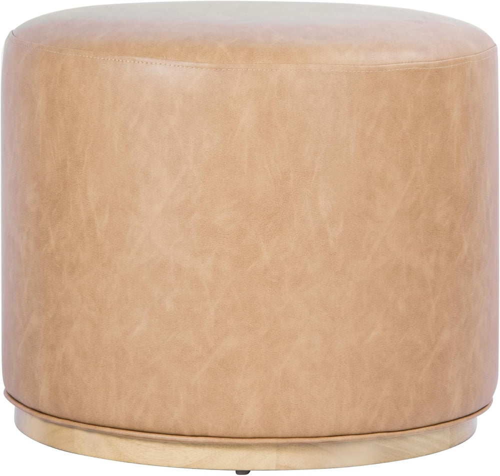 Spatial Order 22" Round Ottoman with Wooden Base - Sand Faux Leather
