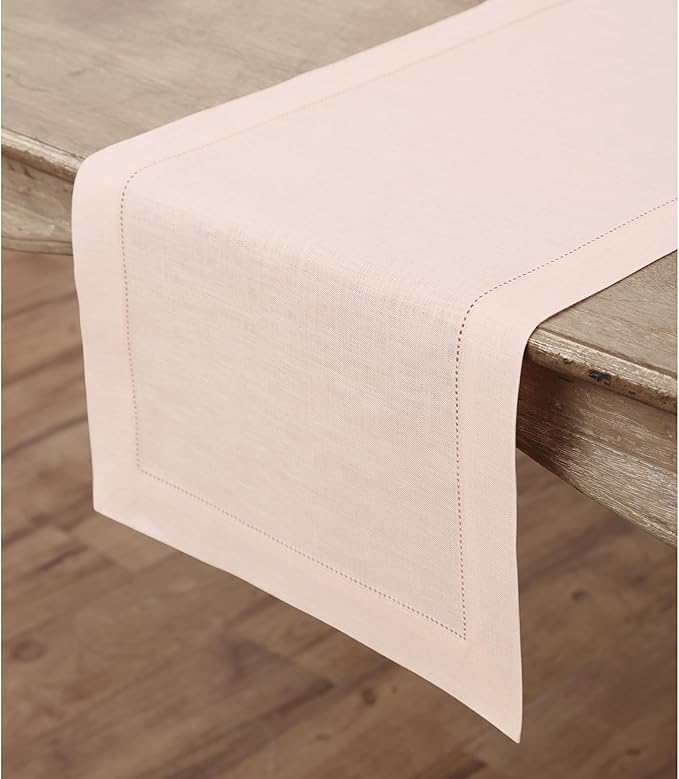 Solino Home Linen Pink Table Runner 72 Inches Long - 100% Pure Linen Hemstitc...