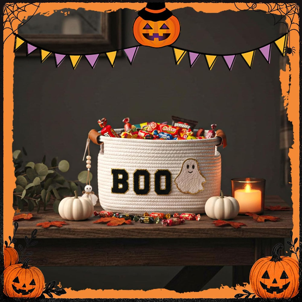 Halloween Woven Rope Basket with Mini Ghost Ornament