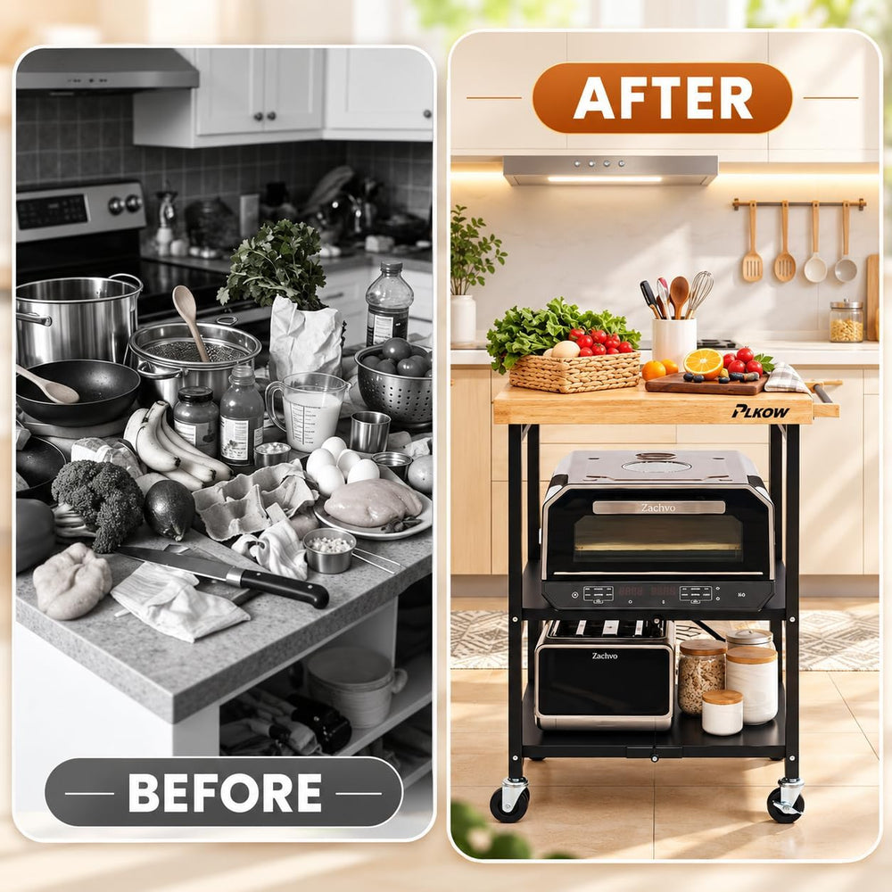 Foldable 3-Tier Rolling Kitchen Cart with Solid Oak Top, Black