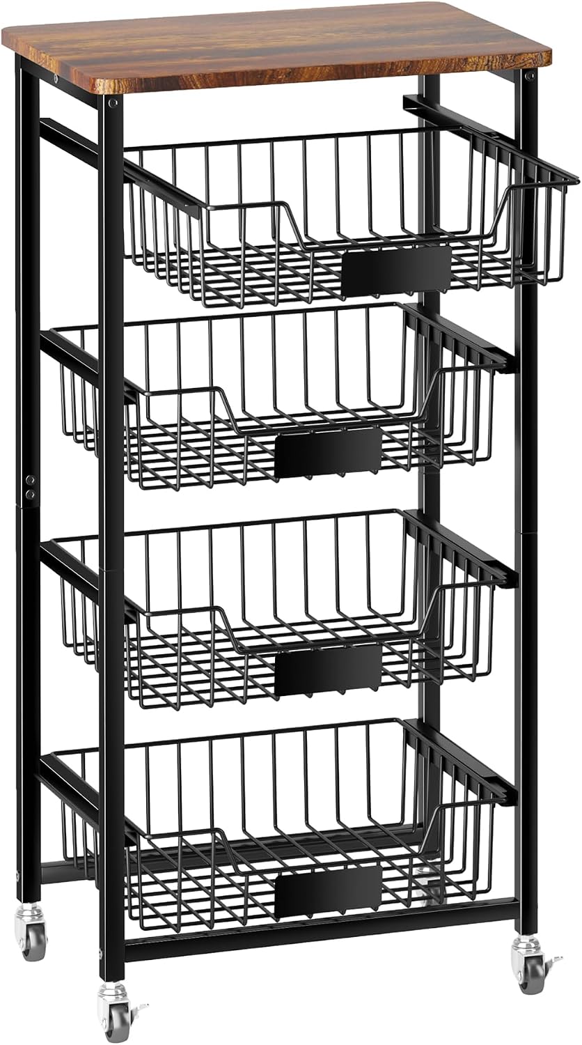OKZEST 5-Tier Kitchen Storage Cart with 4 Upgraded Drawer Basket & Wood Top