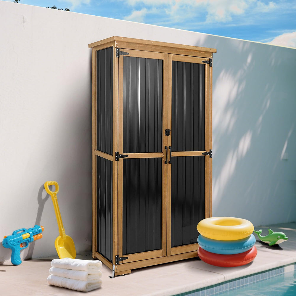 Outdoor Storage Cabinet, Wood & Metal Storage Shed with Weather-Resistant...