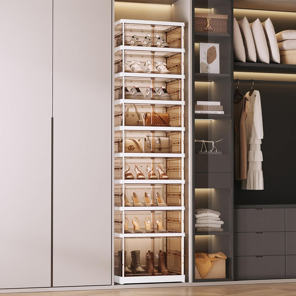 Foldable Shoe Cabinet, 9-Tier Rolling Rack with Magnetic Doors, 18 Pairs