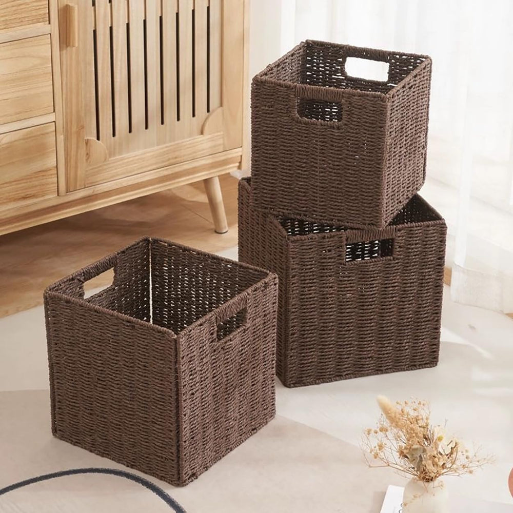 10.5x10.5in Storage Baskets Set of 3 Dark Brown Paper Rope Woven Baskets,Fold...