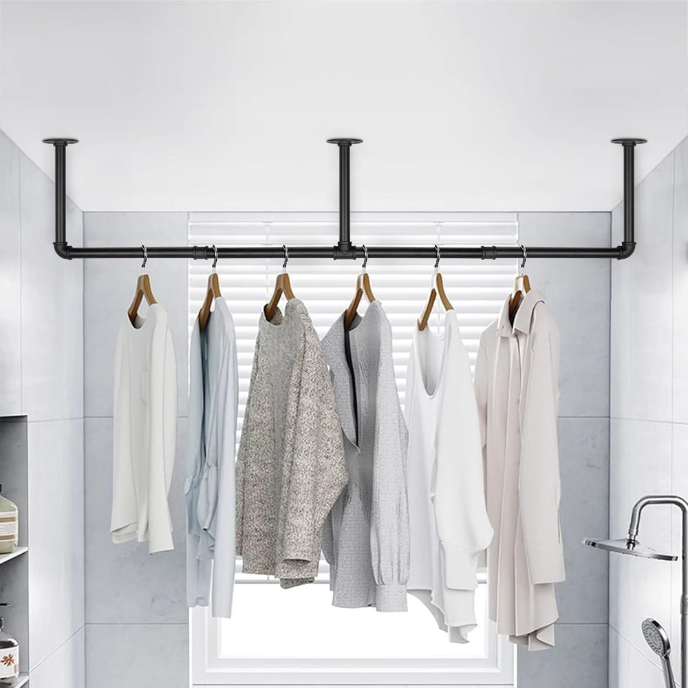 Industrial Iron Pipe Clothes Hanging Bar DIY Wall-Mounted Garment Rack Heavy ...