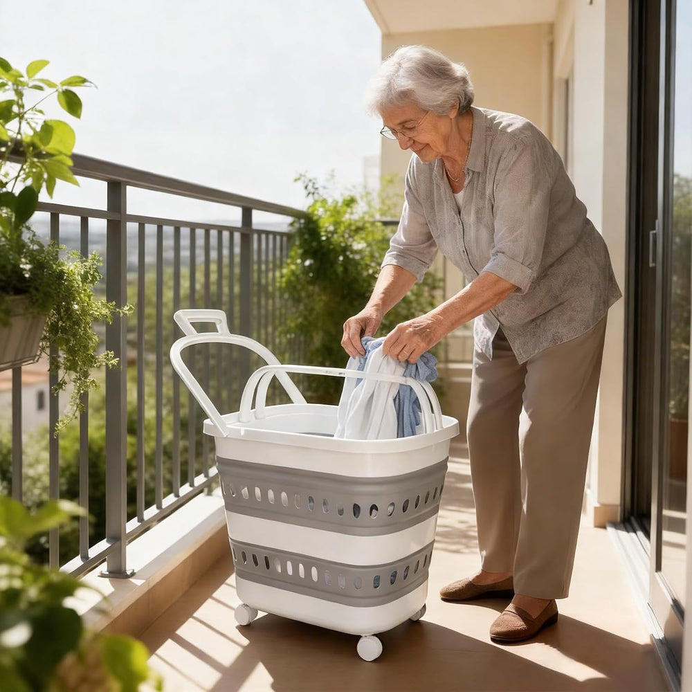 50L Collapsible Plastic Laundry Basket Hamper with Wheels, Foldable Laundry B...