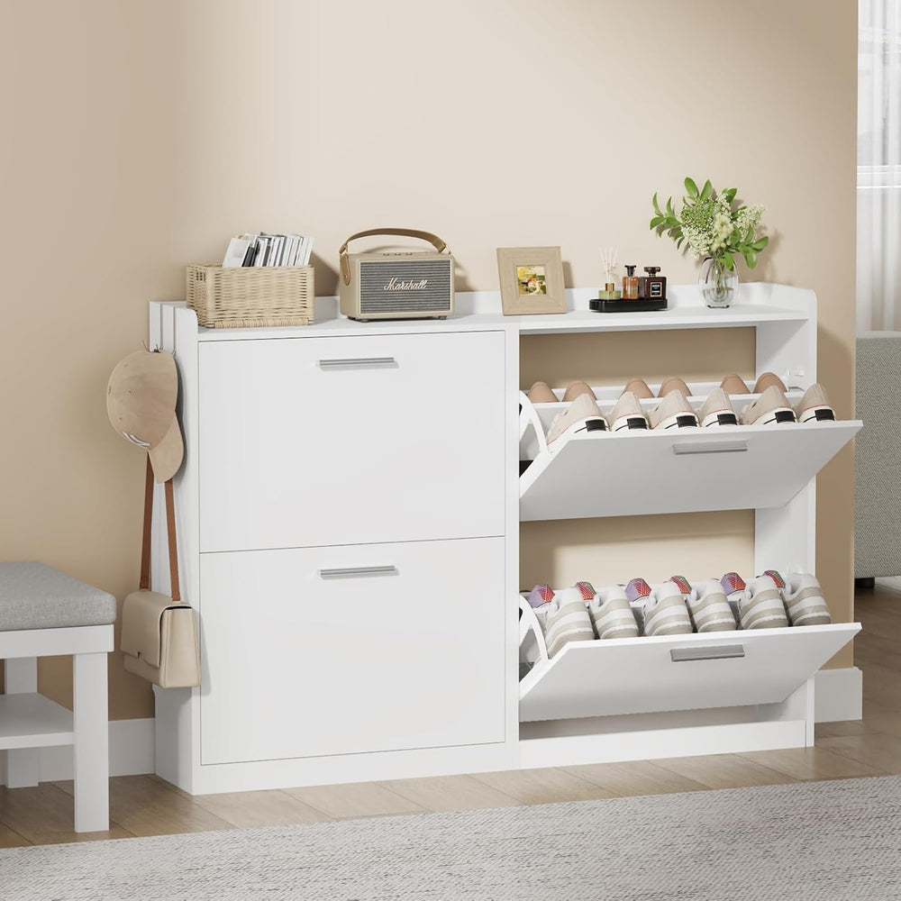 Modern Shoe Cabinet Organizer with 4 Flip Drawers, 47.2" W White