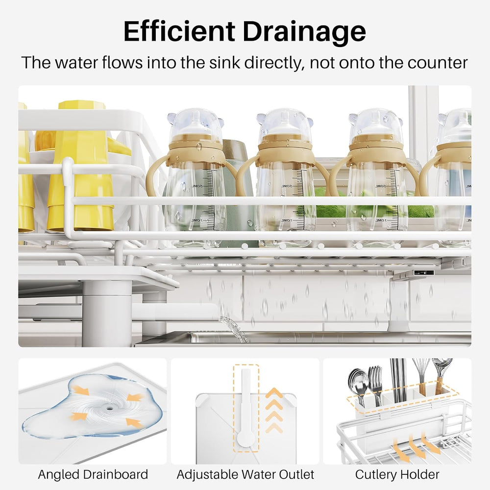 Expandable Dish Drying Rack for Kitchen Counter, Stainless Steel, White