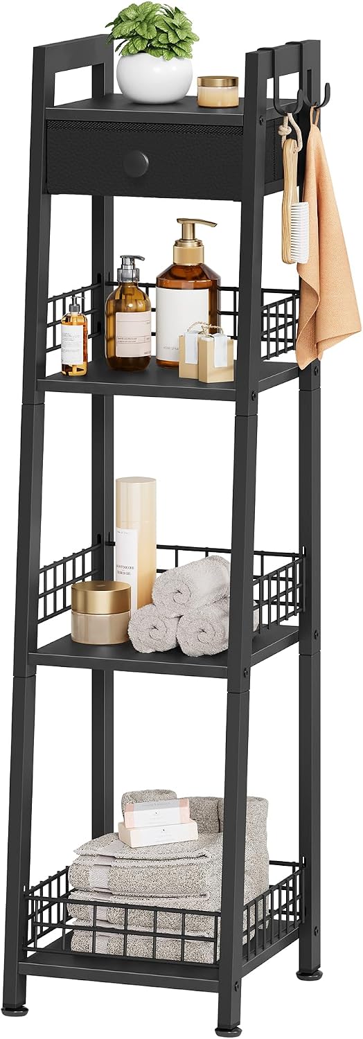 Gewudraw 4-Tier Narrow Bathroom Ladder Shelf with Storage Drawer, Black