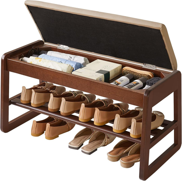 Aibiju Shoe Rack Bench with Cushion, 2 Tiers Wood Shoe Bench with Flip-Top Storage, 31.5in Shoe Rack for Entryway, Hallway, Walnut Color YD-WD061B
