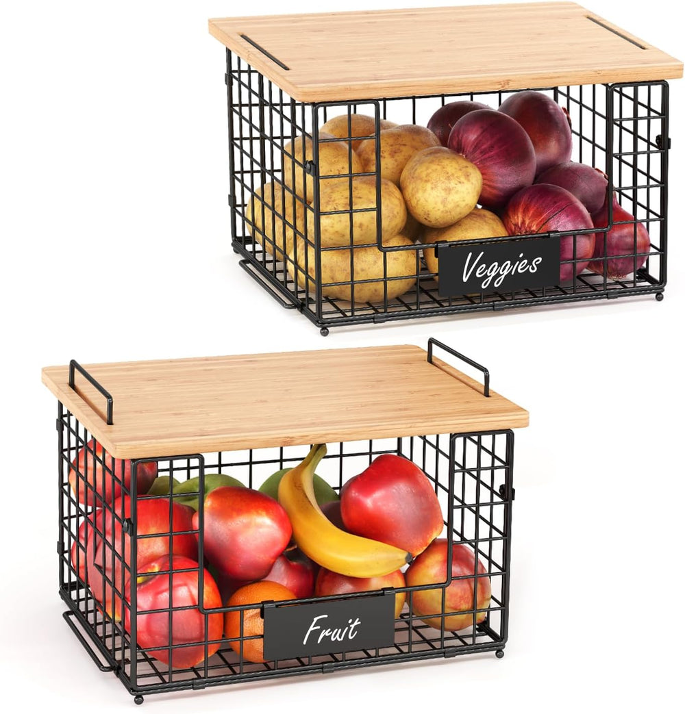 2 Pack Stackable Wire Baskets with Bamboo Top,Pantry Organizers Counter