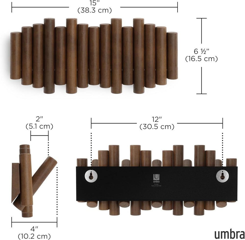 Umbra Picket Coat Rack, Wall Mount 5 Flip-Down Coat Hooks, Walnut