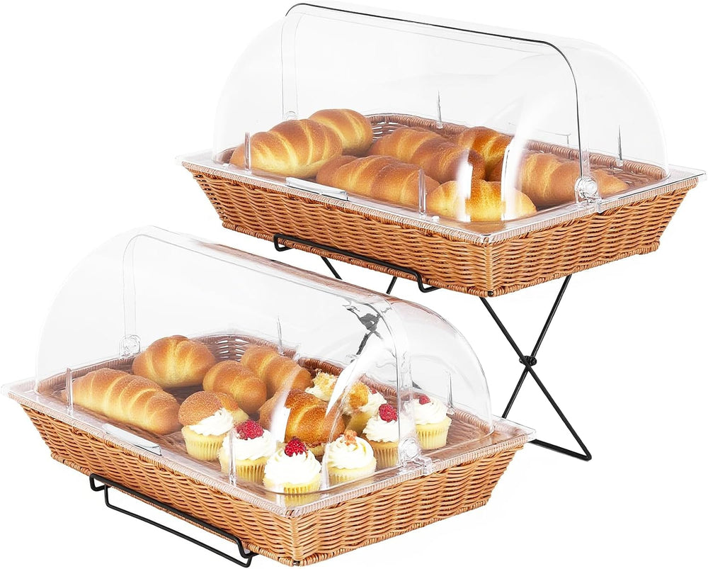 2 Pack Bread Basket Serving Display Tray 20.5x13 In with Clear Roll Top Cover...