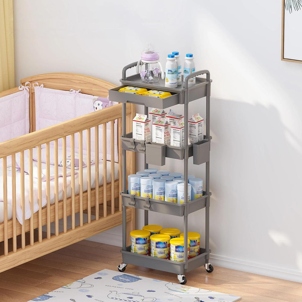 4 Tier Rolling Utility Cart with Drawer, Plastic Storage Organizer Rolling Ca...