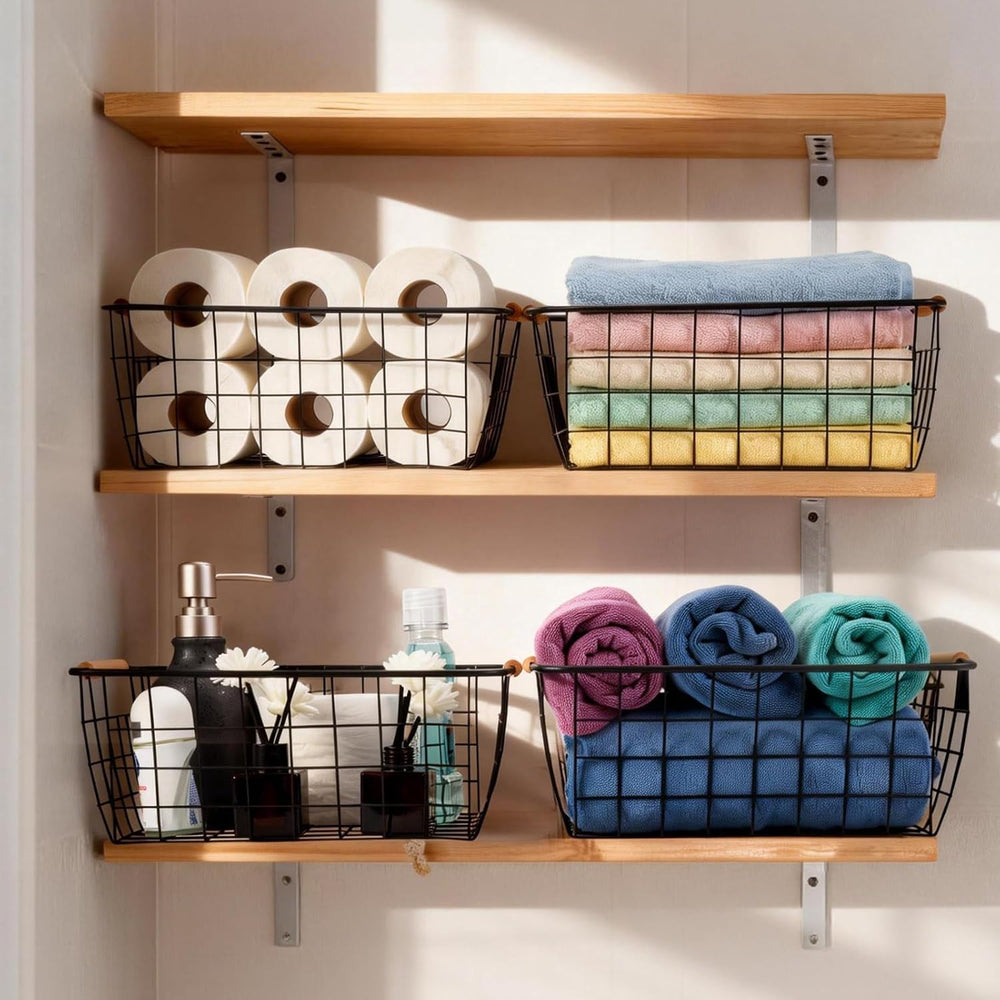 Wire Basket 4 Pcs Metal Wire Storage Basket with Wooden Handles for Pantry