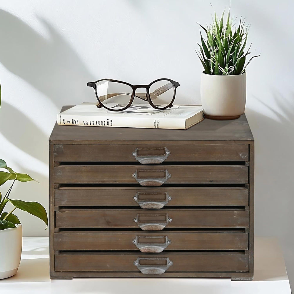 Vintage Wooden Desk Organizer Cabinet with 6 Drawers - Rustic Farmhouse Distr...
