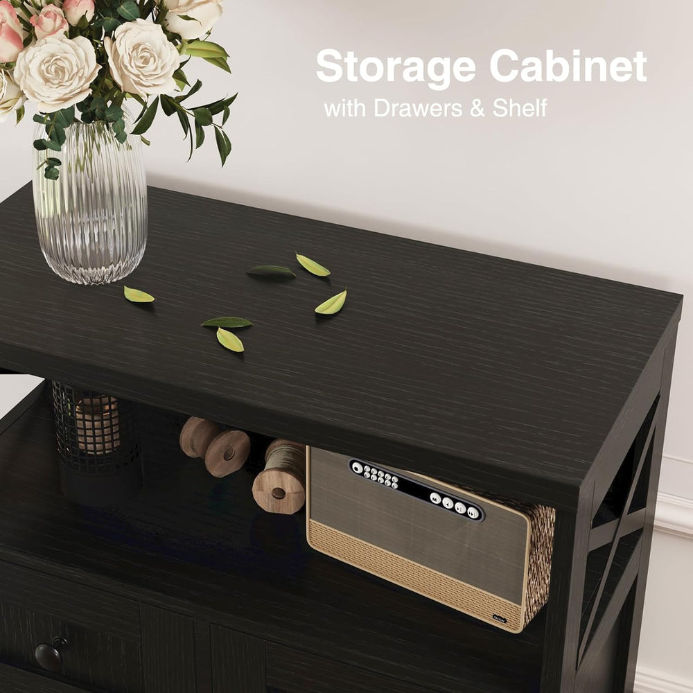 Black Farmhouse Storage Cabinet with Doors and Drawers, Small Pantry Hutch