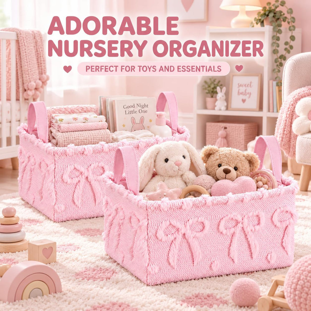 2 Pack Pink Bow Storage Baskets, 14x10'' Foldable Bins with Handles