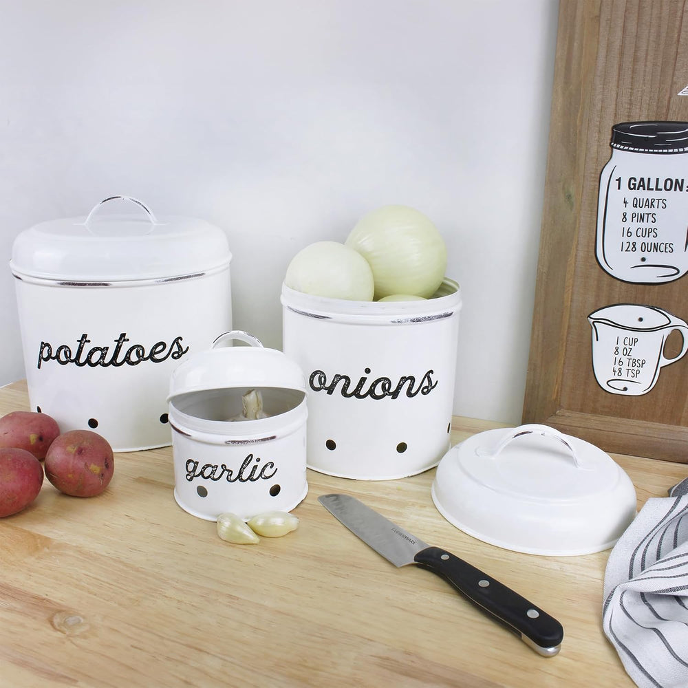 AuldHome Design Potatoes, Onions and Garlic Canister Set; Rustic White Enamel...