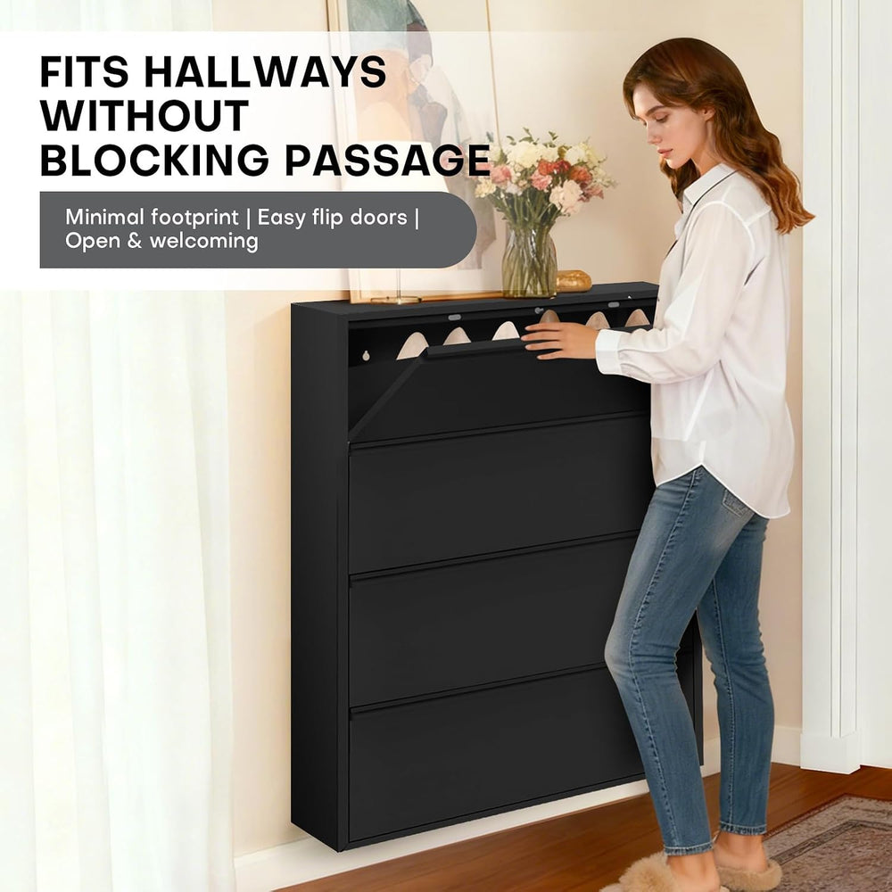 Shoe Storage Cabinet with 4 Flip Drawers, Hidden Slim Narrow Shoe Rack Cabine...