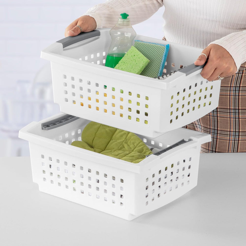 Sterilite 8 Pack Medium Stacking Basket, Open Top Storage Bin with Handles, W...