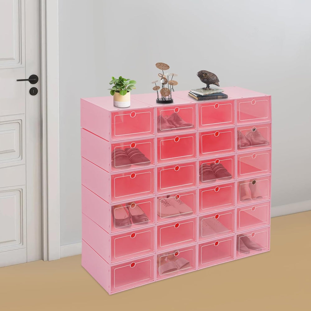 24 Pack Stackable Shoe Boxes with Clear Lids - Foldable Shoe Storage Organize...