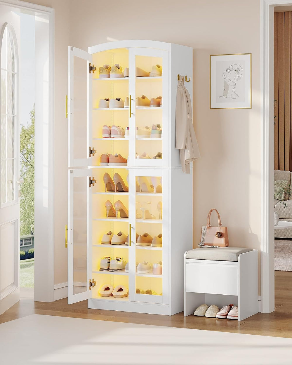 Hzuaneri 9 Tier Shoe Storage Cabinet, Tall Shoe Cabinet with Glass Doors