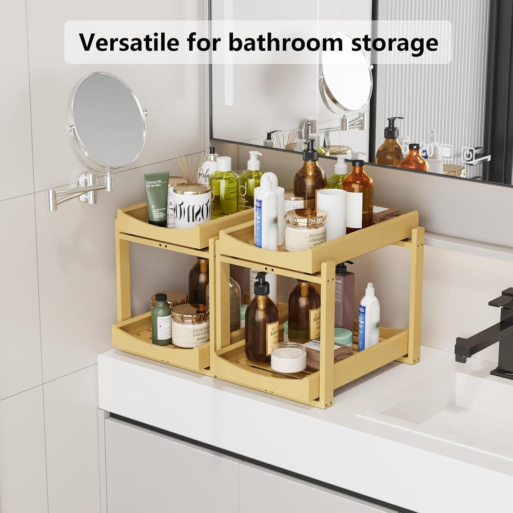 Bamboo Under Sink Organizer Adjustable Height 2 Tier Bathroom Organizer Pull ...
