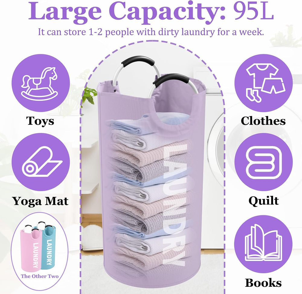 3PCS 95L Collapsible Laundry Basket, Oxford Hamper with Handle for Family