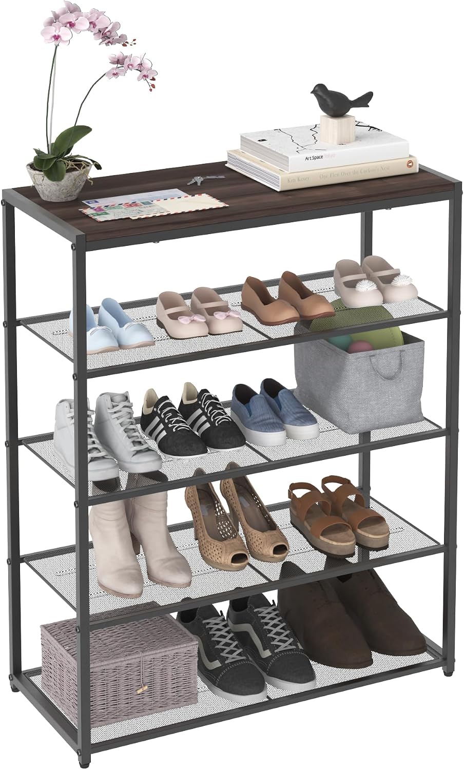 ClosetMaid 5-Tier Shoe Rack, Storage Organizer, with Wood Top Shelf, 4 Metal ...