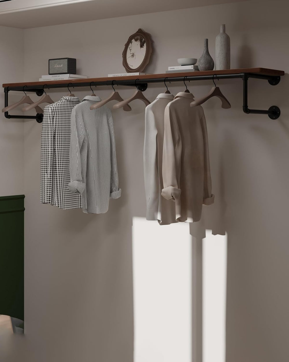 Clothes Rack 70in, Wall Mounted Garment Racks with Real Brown Wood Shelf, Hea...