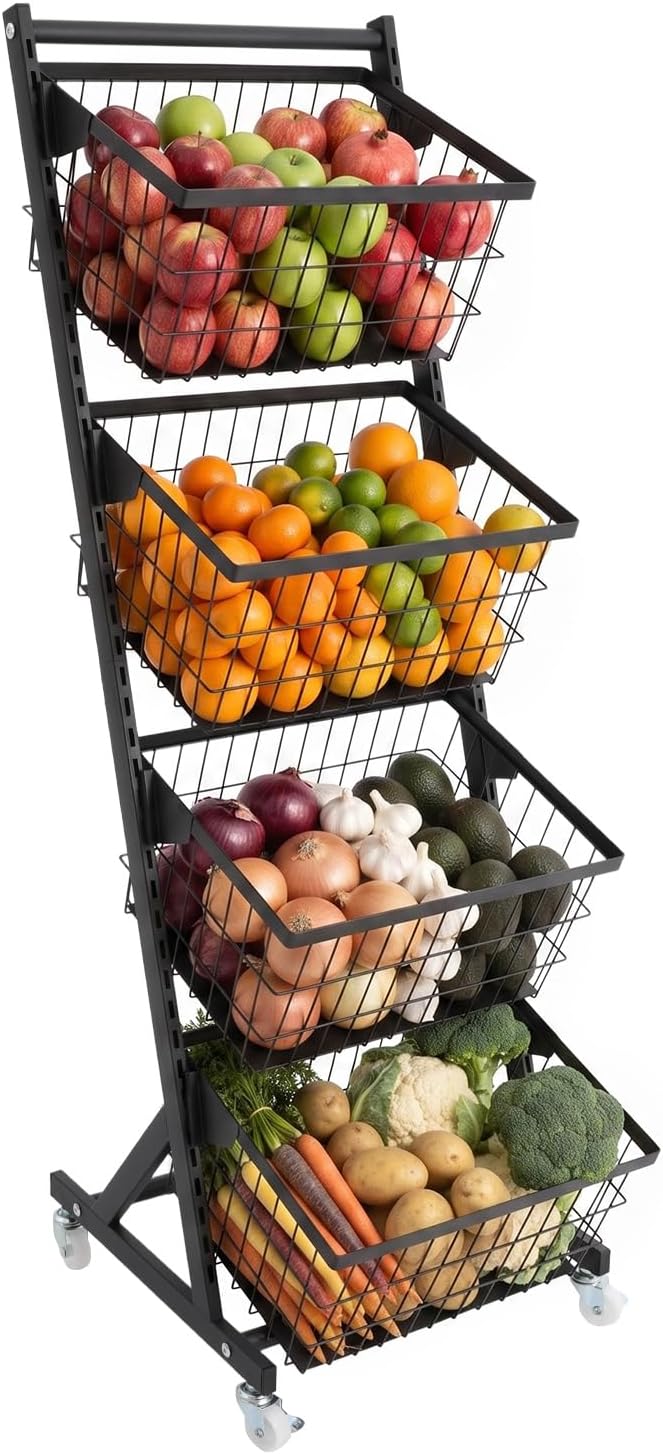 4-Tier Kitchen Storage Cart with 4 Baskets and Wheels, Black