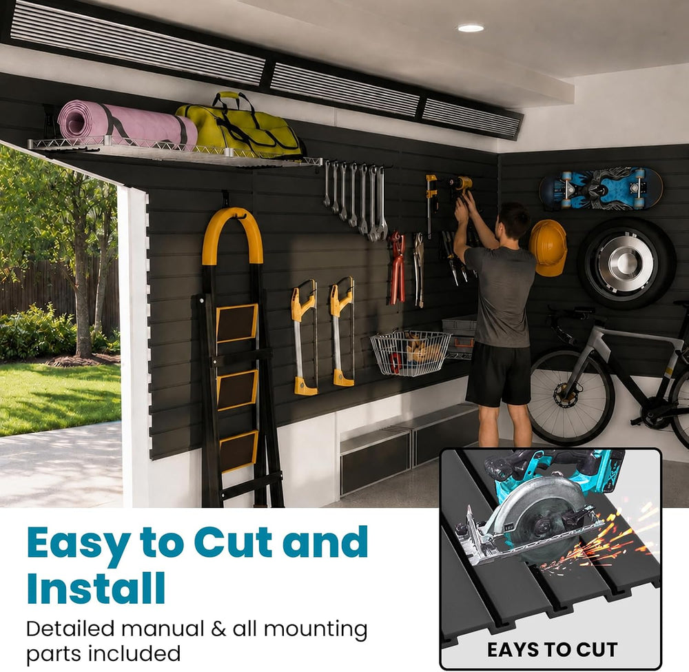 4x8 FT Slat Wall Paneling Wall Storage Systems with 14 Hooks (Black)