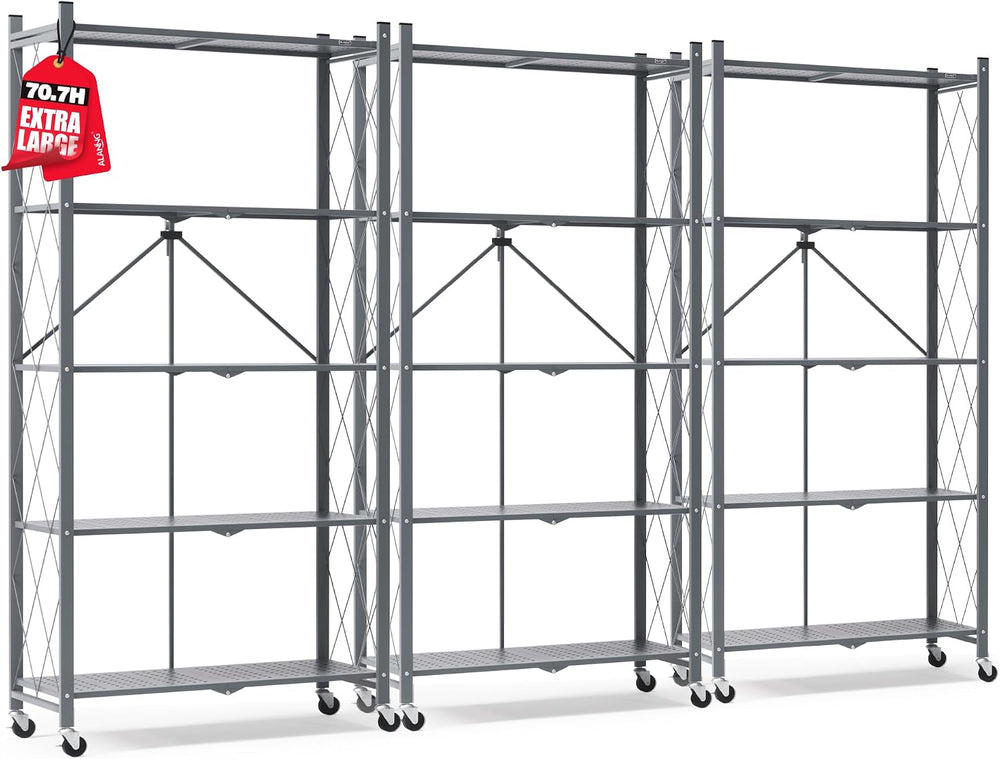 ALANNG 70.7" H Metal Storage Shelves, 5 Tier Folding Shelf on Wheels